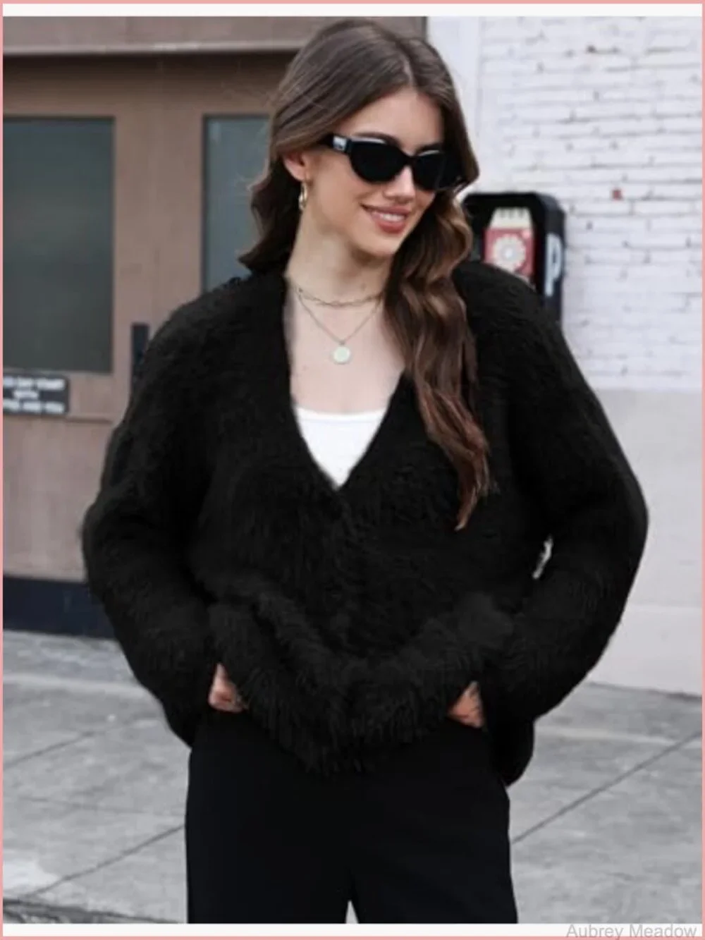 Fuzzy V-Neck Cardigan Sweater with Pockets Button Down Knit Coat